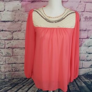 UMGEE CORAL FLOWY BOHO WOVEN STYLE NECKLINE TOP S